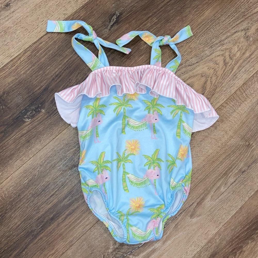 J Bailey One Piece Swimsuit Blue Palm Tree Flamingo Summer Vacation 4T Girl